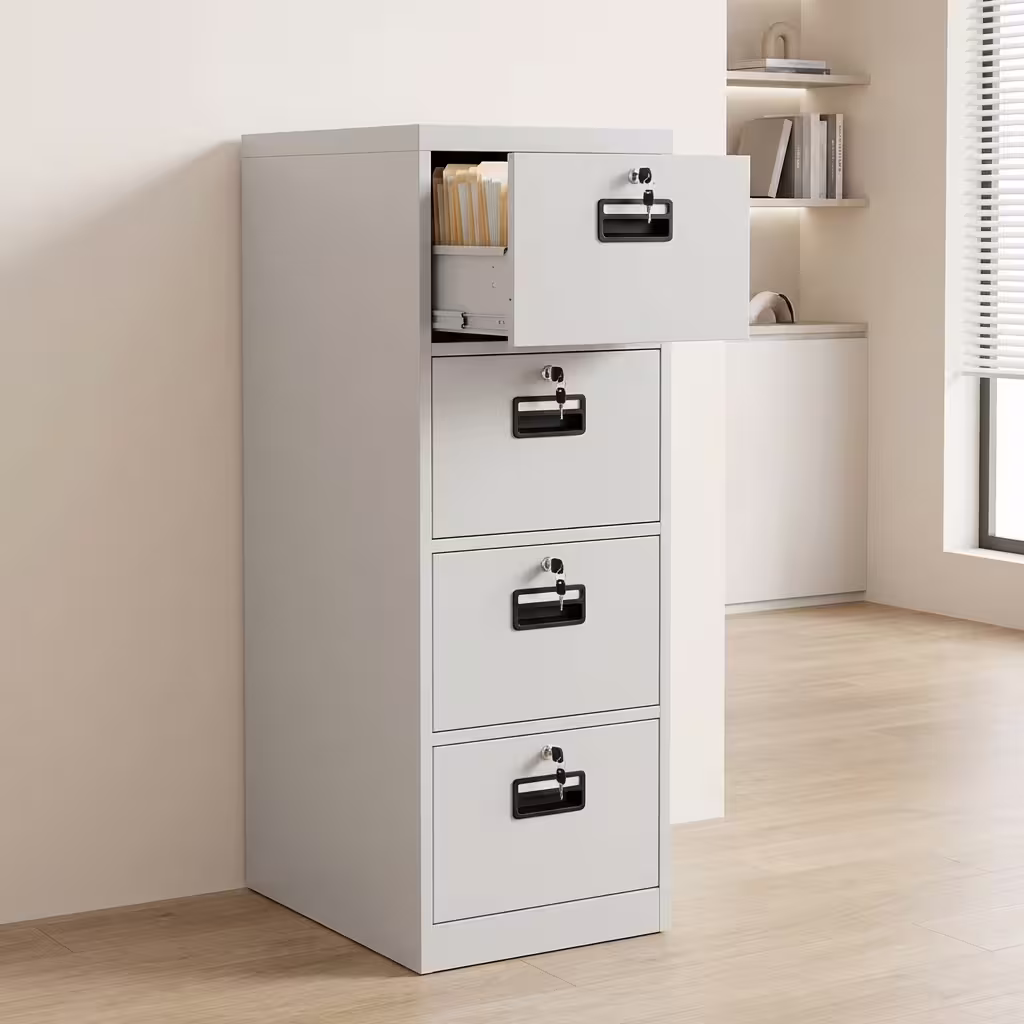4-Drawer Metal Filing Cabinet in black steel finish with lockable drawers and office document storage setup