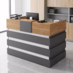 1.6m Modern Custom Reception Desk with woodgrain top and grey layered front panels in a modern office reception setup