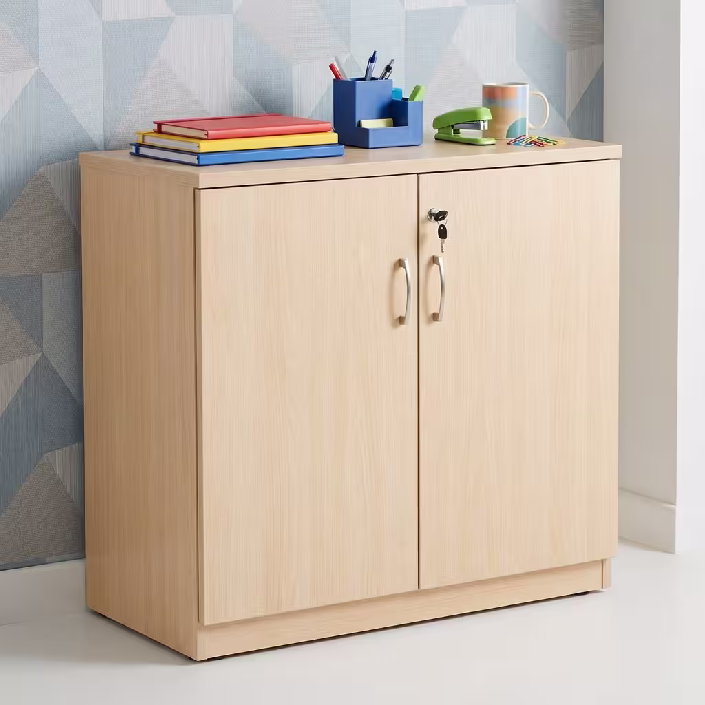 2-Door Wooden Office Cabinet placed in a modern office setup with organized files and office accessories
