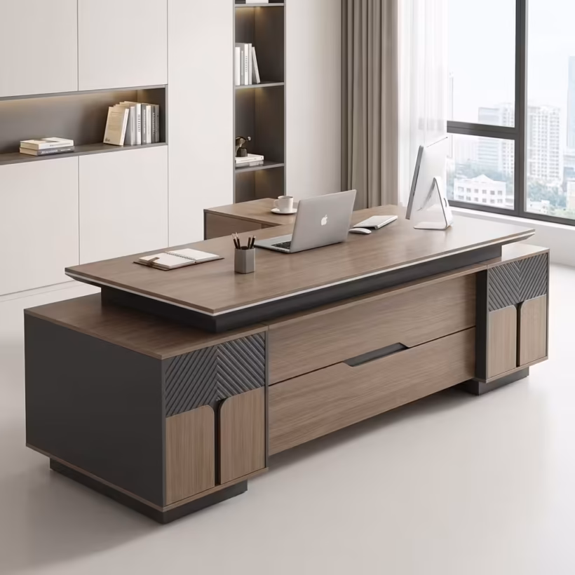 Executive L-Shaped Office Desk with modern wood finish, storage drawers, and ergonomic executive office setup