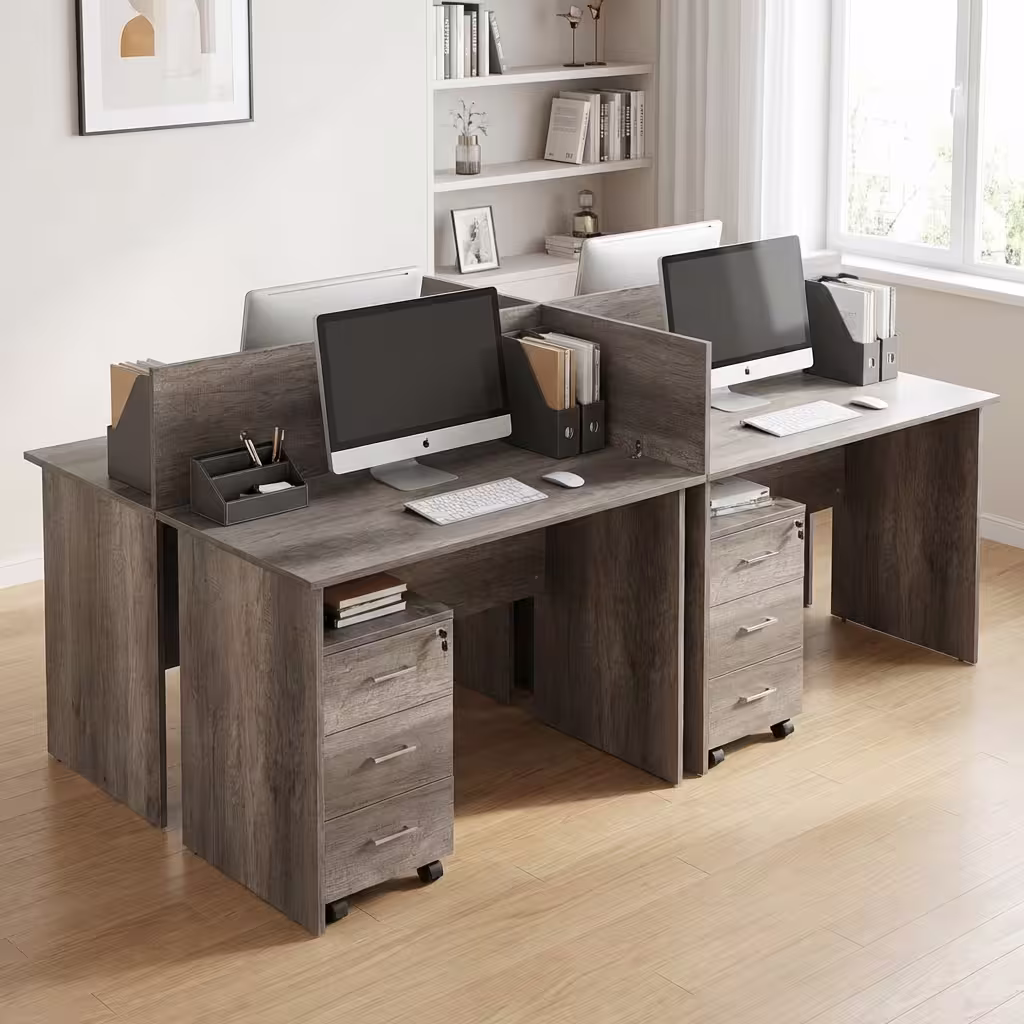 4-Person Office Workstation Desk in a modern corporate office with employees working in a shared organized workspace