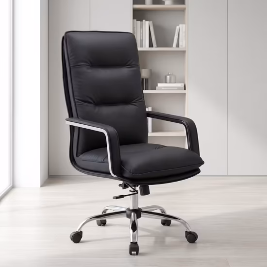 High-Back Leather Executive Chair in black PU leather with adjustable height, wheels, and modern office setup