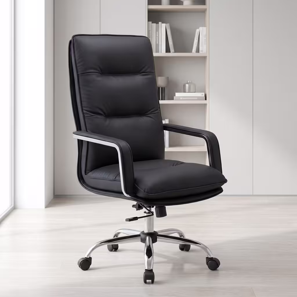 High-Back Leather Executive Chair in black PU leather with adjustable height, wheels, and modern office setup