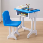 Kid’s Study Desk & Chair Set with blue tabletop and chair, featuring storage shelf, books, tablet, and study accessories in a clean room setup