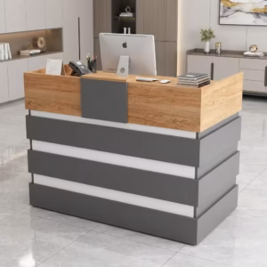 1.6m Modern Custom Reception Desk with woodgrain top and grey layered front panels in a modern office reception setup