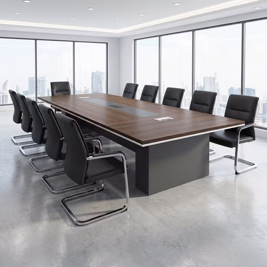 3.5M executive conference table with wood finish and integrated power sockets in modern corporate boardroom