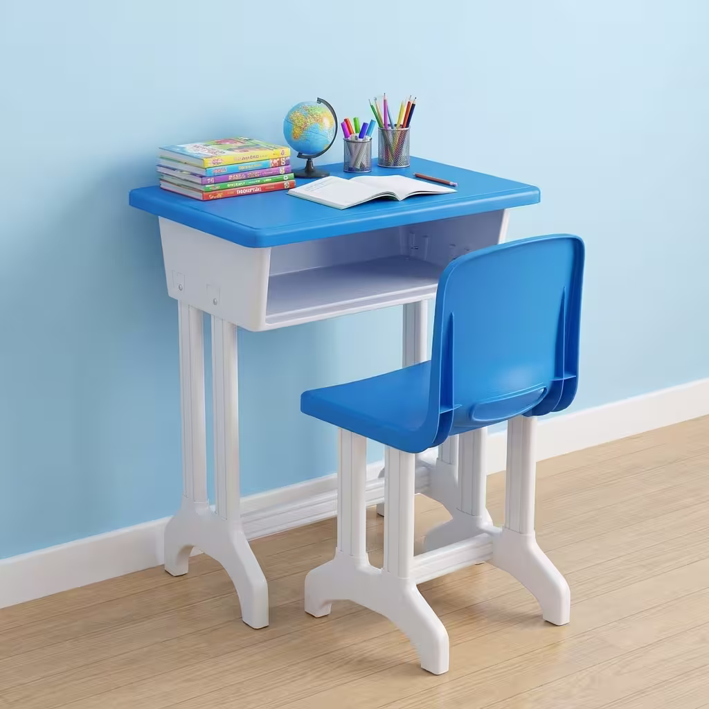 Kid’s Study Desk & Chair Set with blue tabletop and chair, featuring storage shelf, books, tablet, and study accessories in a clean room setup