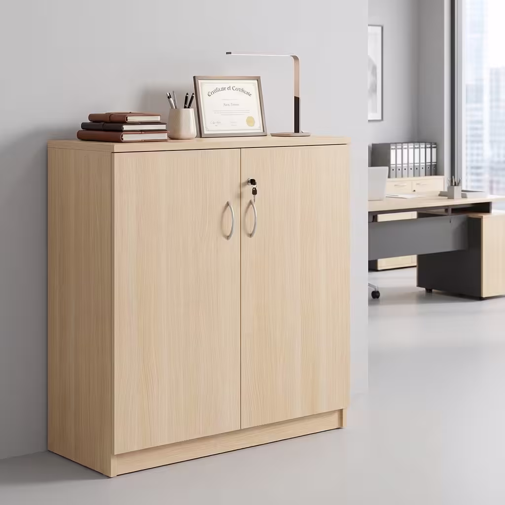 2-Door Wooden Office Cabinet placed in a modern office setup with organized files and office accessories