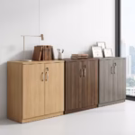 2-Door Wooden Office Cabinet placed in a modern office setup with organized files and office accessories