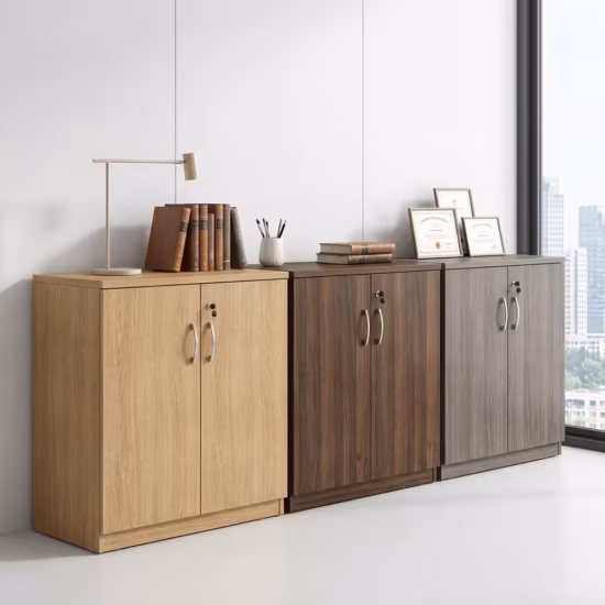 2-Door Wooden Office Cabinet placed in a modern office setup with organized files and office accessories