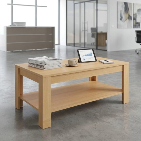 Wooden Reception Coffee Table placed in a modern office reception area with sofa seating and professional interior design