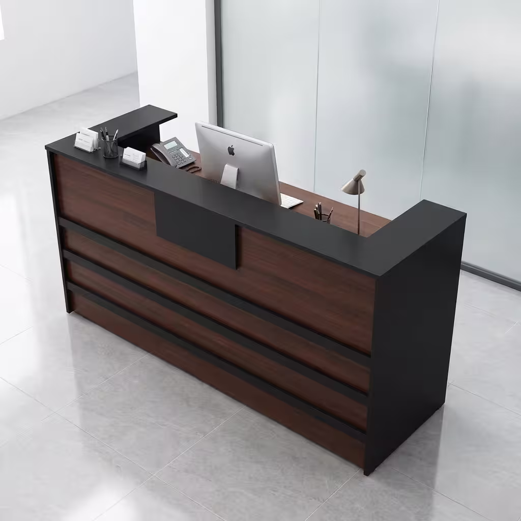 2M Executive Reception Desk in a modern office reception area with computer, organized workspace, and clean professional setup