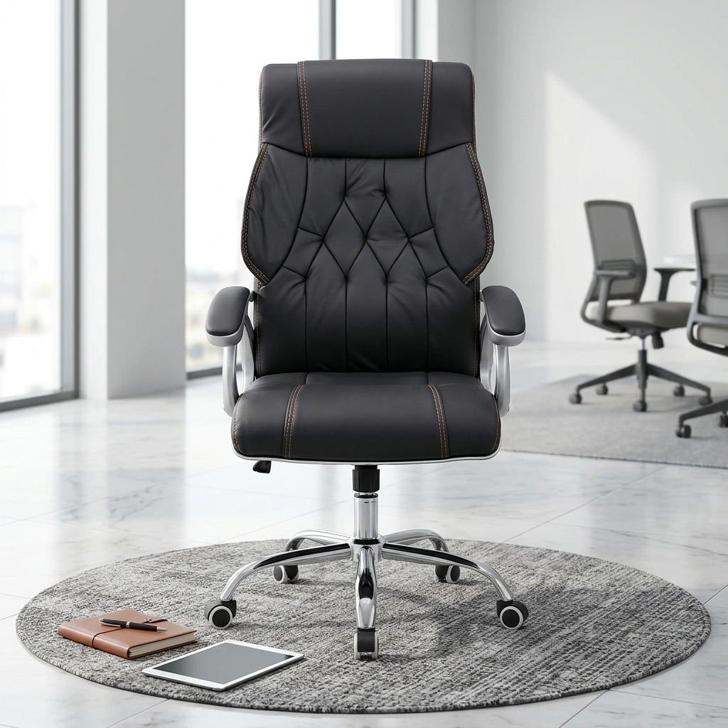 Front view of a plush High Back Leather Office Seat upholstered in glossy black PU leather with padded armrests and a durable five-star caster base, isolated in a modern office setup.