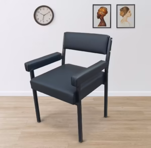 Modern Catalina Office Chair With Armrest featuring black leatherette padding, a black metal frame, and padded arms, set on a light wood floor.