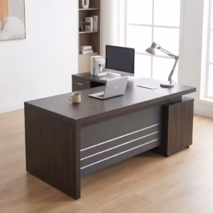 1.8M Executive L-Shaped Desk with storage drawers, cabinet, and modern office setup