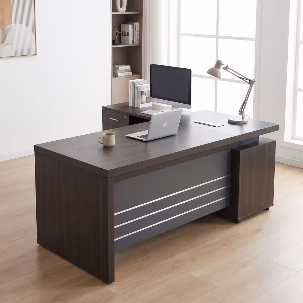 1.8M Executive L-Shaped Desk with storage drawers, cabinet, and modern office setup
