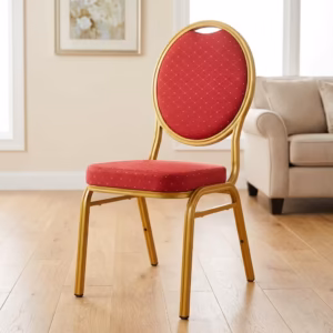 Stackable Red Banquet Chair with cushioned seat, strong metal frame, and space-saving design for events and conferences