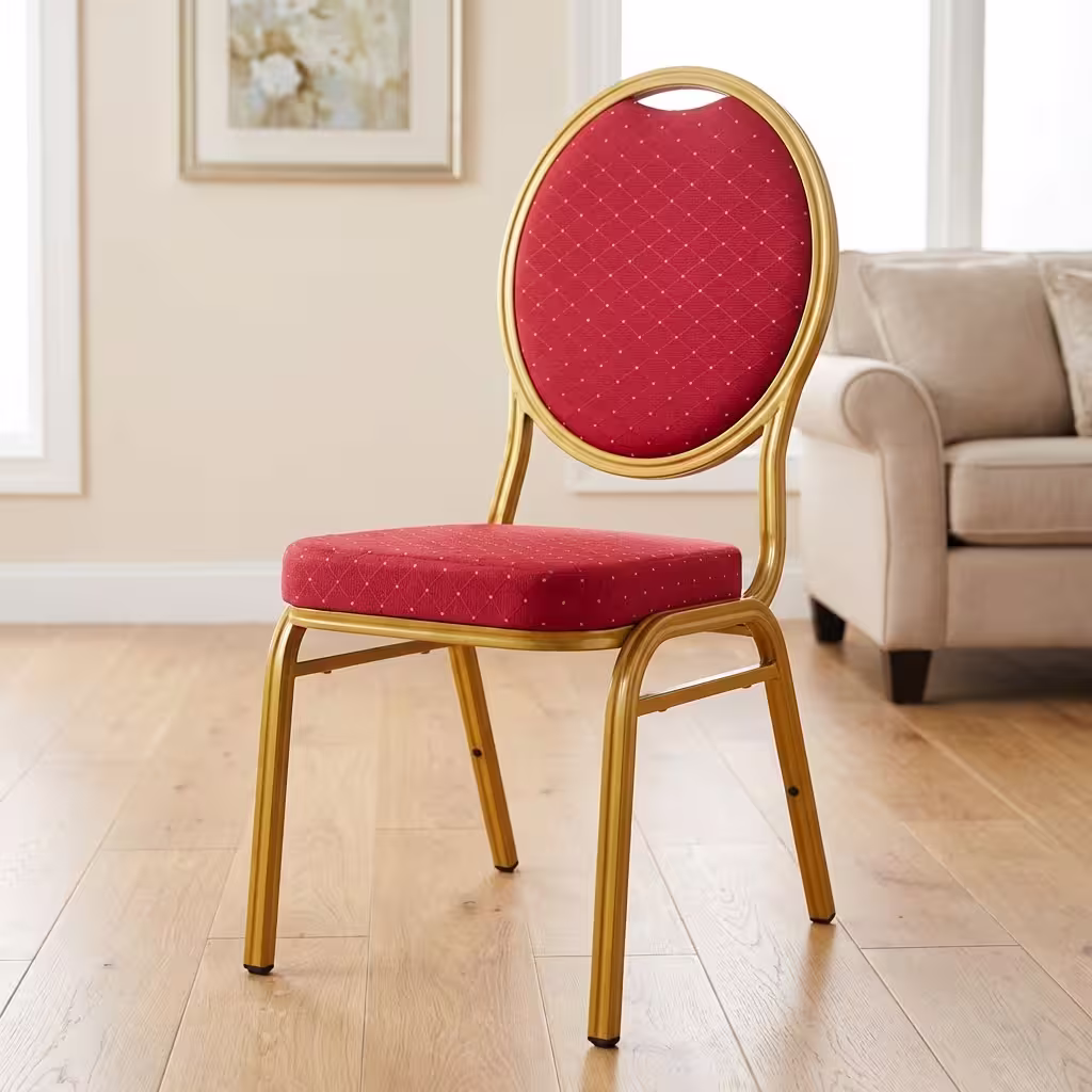 Stackable Red Banquet Chair with cushioned seat, strong metal frame, and space-saving design for events and conferences