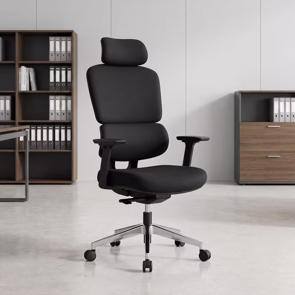 Ergonomic High Back Office Chair with headrest, padded seat, adjustable armrests, and modern executive office design