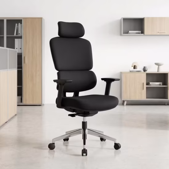 Ergonomic High Back Office Chair with headrest, padded seat, adjustable armrests, and modern executive office design