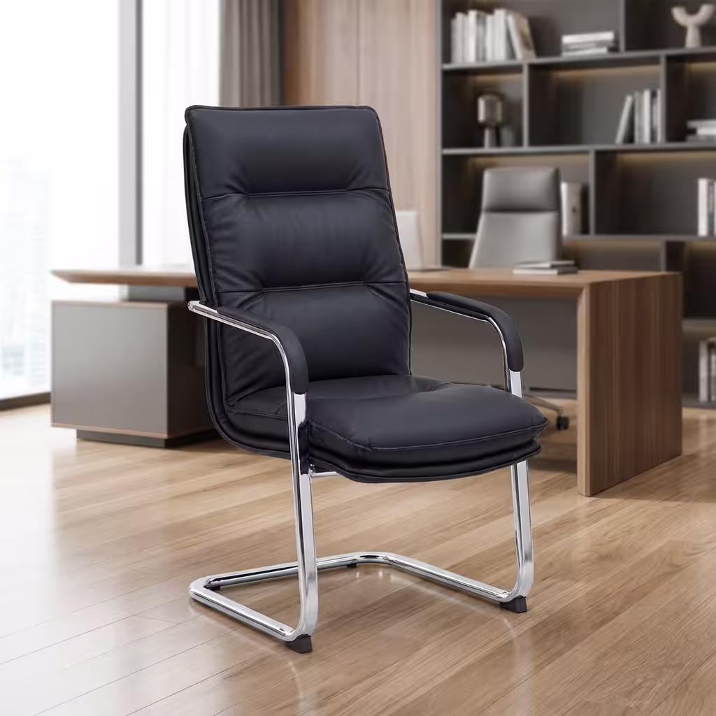 Leather Executive Visitor Chair with padded seat, ergonomic backrest, fixed armrests, and modern executive office design