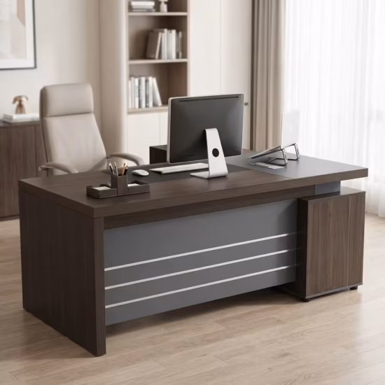 1.8M Executive L-Shaped Desk with storage drawers, cabinet, and modern office setup
