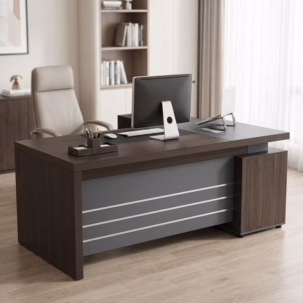 1.8M Executive L-Shaped Desk with storage drawers, cabinet, and modern office setup