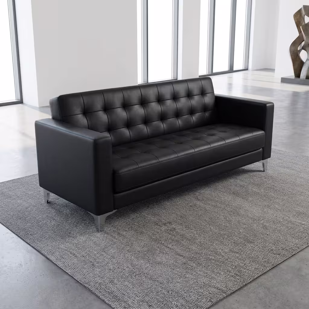 Modern black 3-Seater Office Waiting Sofa with square armrests and a neat tufted backrest design, positioned on a polished marble floor in a corporate reception lobby.