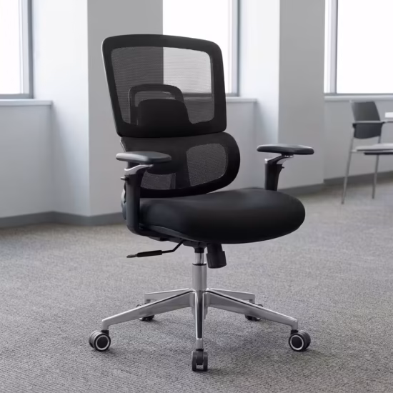 High-back Heavy Duty Ergonomic Office Chair with a black mesh backrest, adjustable 4D armrests, and a sturdy chrome five-star base with wheels, isolated on a white studio background.