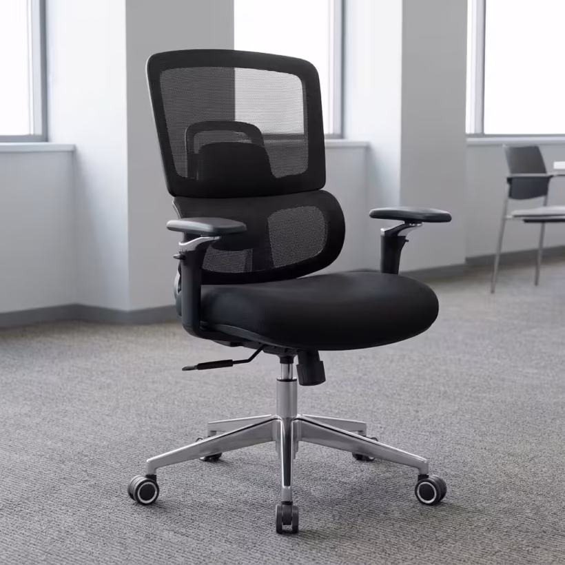 High-back Heavy Duty Ergonomic Office Chair with a black mesh backrest, adjustable 4D armrests, and a sturdy chrome five-star base with wheels, isolated on a white studio background.