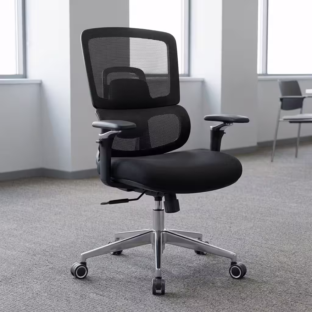 High-back Heavy Duty Ergonomic Office Chair with a black mesh backrest, adjustable 4D armrests, and a sturdy chrome five-star base with wheels, isolated on a white studio background.