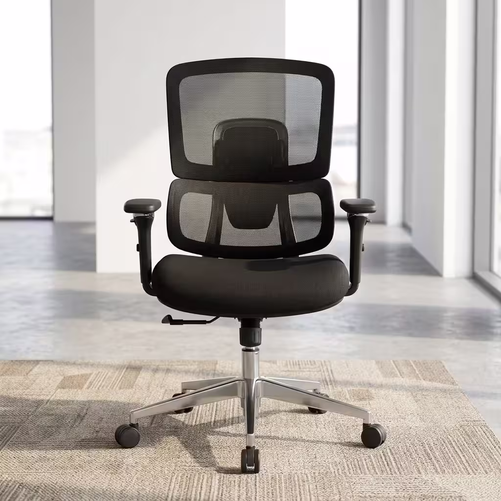 High-back Heavy Duty Ergonomic Office Chair with a black mesh backrest, adjustable 4D armrests, and a sturdy chrome five-star base with wheels, isolated on a white studio background.