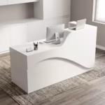 Professional 1.6M Front Counter Office Desk with a modern two-tone grey and white wood grain finish, featuring a high privacy transaction ledge in a brightly lit business lobby.