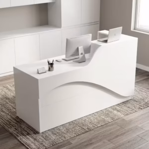 Professional 1.6M Front Counter Office Desk with a modern two-tone grey and white wood grain finish, featuring a high privacy transaction ledge in a brightly lit business lobby.