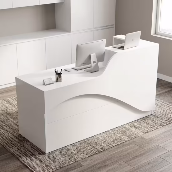 Professional 1.6M Front Counter Office Desk with a modern two-tone grey and white wood grain finish, featuring a high privacy transaction ledge in a brightly lit business lobby.