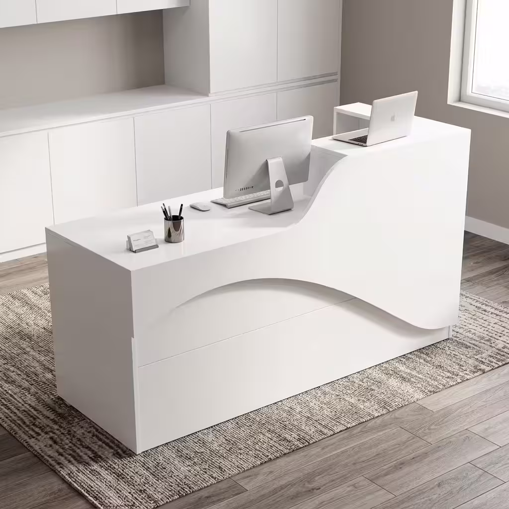 Professional 1.6M Front Counter Office Desk with a modern two-tone grey and white wood grain finish, featuring a high privacy transaction ledge in a brightly lit business lobby.