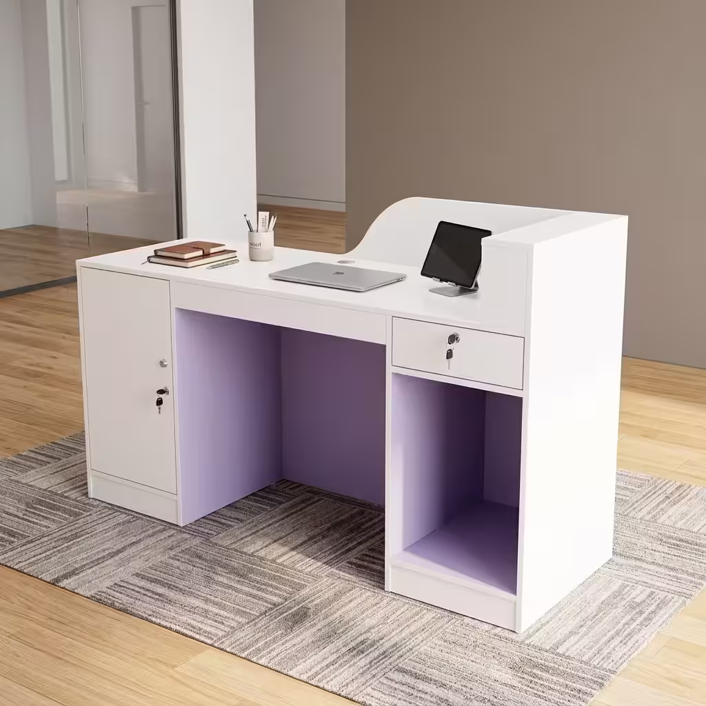 Professional 1.6M Front Counter Office Desk with a modern two-tone grey and white wood grain finish, featuring a high privacy transaction ledge in a brightly lit business lobby.