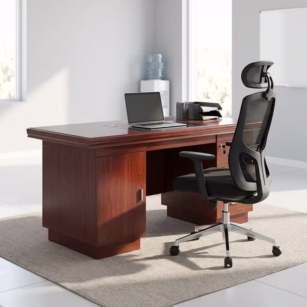 Premium 1.4M Office Desk Without Extension in a rich walnut finish with built-in side drawers, a leather writing pad, and a laptop in a modern study.