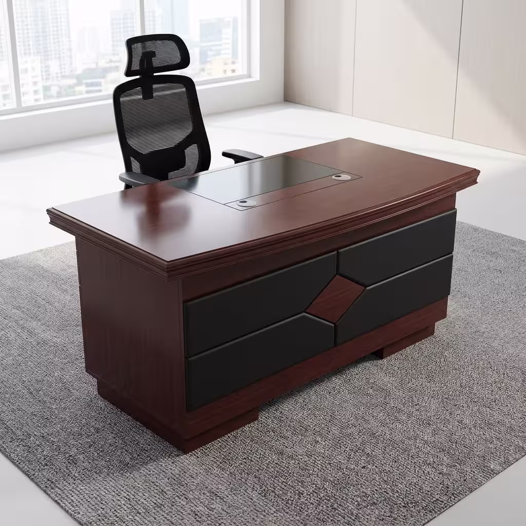 Premium 1.4M Office Desk Without Extension in a rich walnut finish with built-in side drawers, a leather writing pad, and a laptop in a modern study.