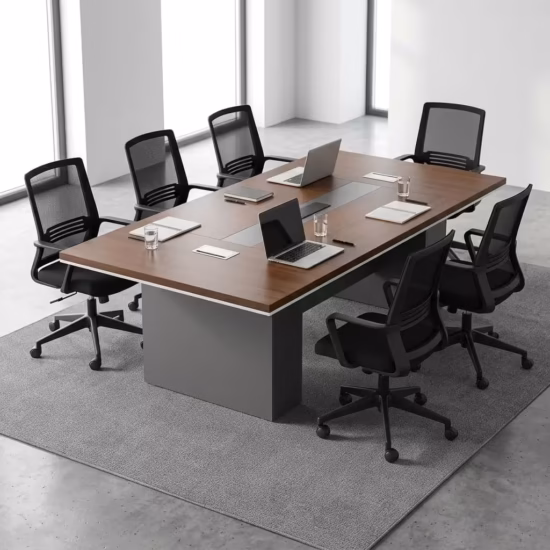 Premium 2Meters Executive Office Boardroom Table in a dark espresso wood finish with a central silver power flip-box, surrounded by modern office chairs.