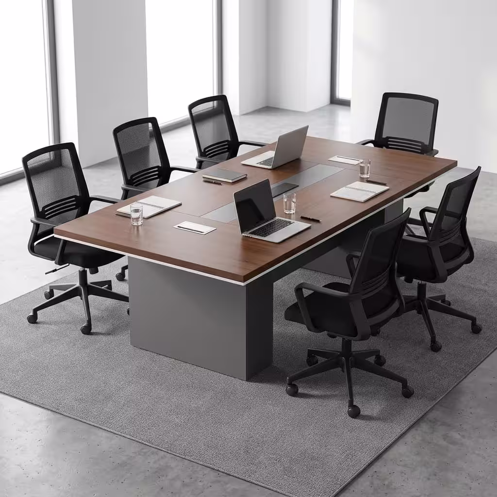 Premium 2Meters Executive Office Boardroom Table in a dark espresso wood finish with a central silver power flip-box, surrounded by modern office chairs.
