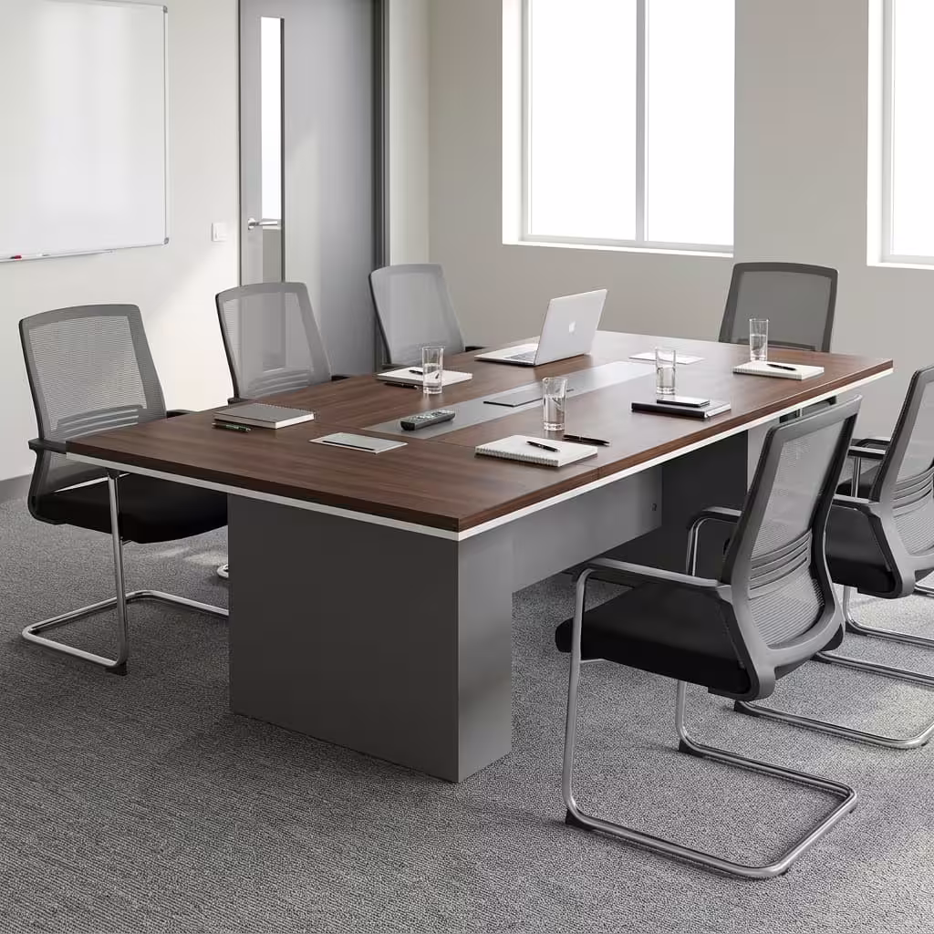 Premium 2Meters Executive Office Boardroom Table in a dark espresso wood finish with a central silver power flip-box, surrounded by modern office chairs.