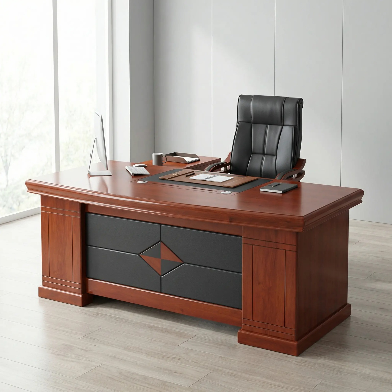 Luxury 1.6M Executive Desk With Extension in a deep mahogany finish with a black leather desk pad, showing the attached side drawer unit in a corporate office.