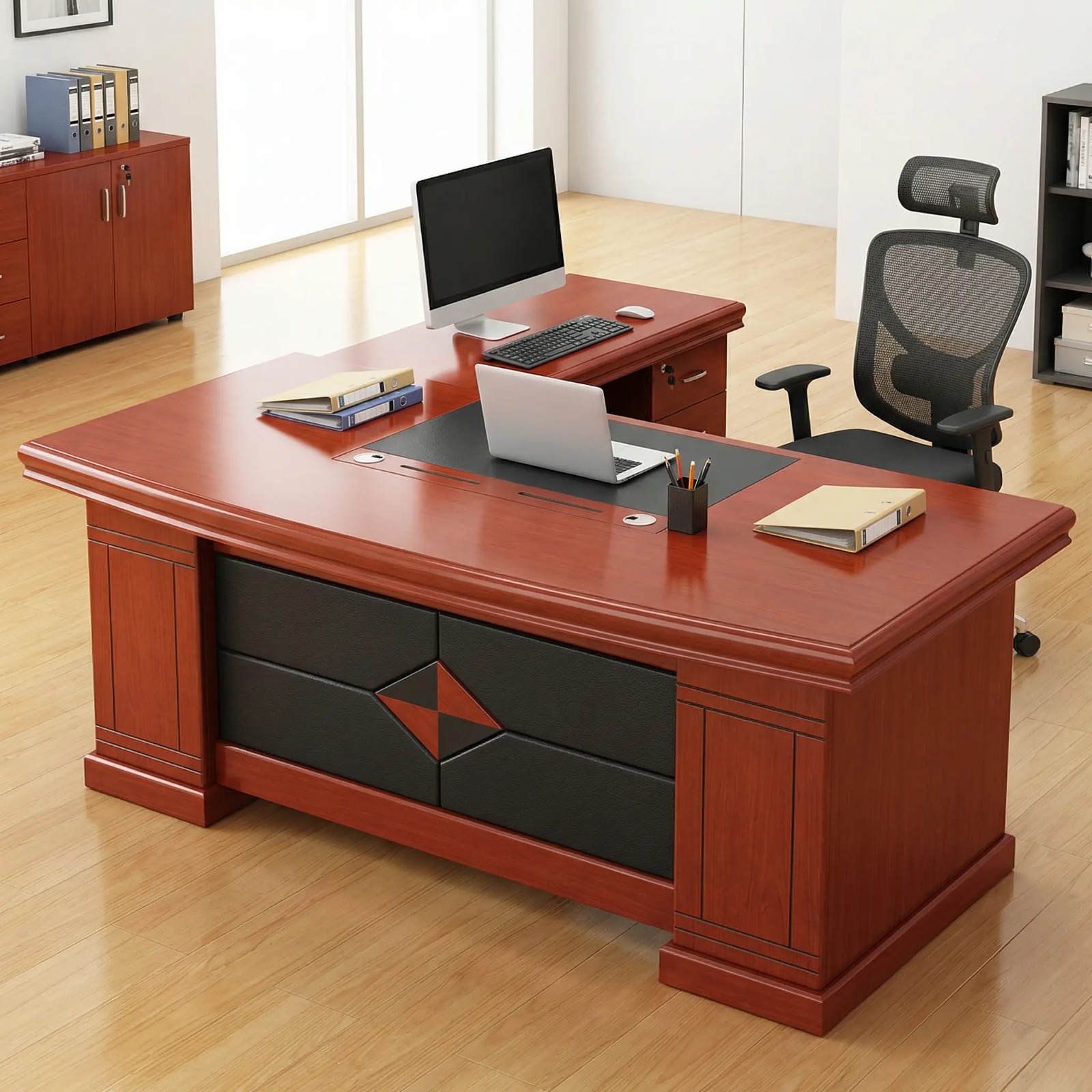 Luxury 1.6M Executive Desk With Extension in a deep mahogany finish with a black leather desk pad, showing the attached side drawer unit in a corporate office.