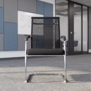 Front perspective of the black Ergonomic Mesh Office Guest Chair showcasing a curved mesh backrest, matching padded seat, and a shiny polished chrome sled frame.