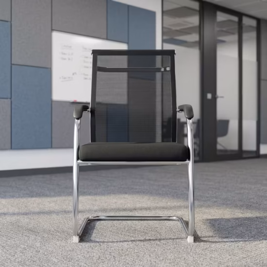 Front perspective of the black Ergonomic Mesh Office Guest Chair showcasing a curved mesh backrest, matching padded seat, and a shiny polished chrome sled frame.