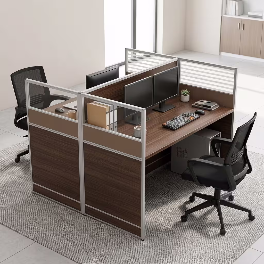 2-Seater Office Working Station Modern 2-Seater Office Working Station with a back-to-back configuration, featuring two light wood tops, a white metal frame, and a central frosted privacy partition screen.