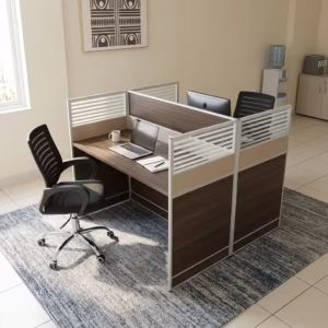 Modern 2-Seater Office Working Station with a back-to-back configuration, featuring two light wood tops, a white metal frame, and a central frosted privacy partition screen.