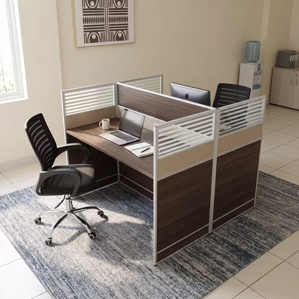 Modern 2-Seater Office Working Station with a back-to-back configuration, featuring two light wood tops, a white metal frame, and a central frosted privacy partition screen.