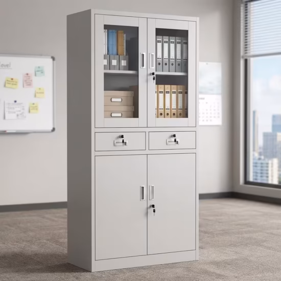 Tall 180cm 2-Door Metallic Office Filing Cabinet with a matte grey finish and a chrome locking handle, standing against a neutral concrete office wall.